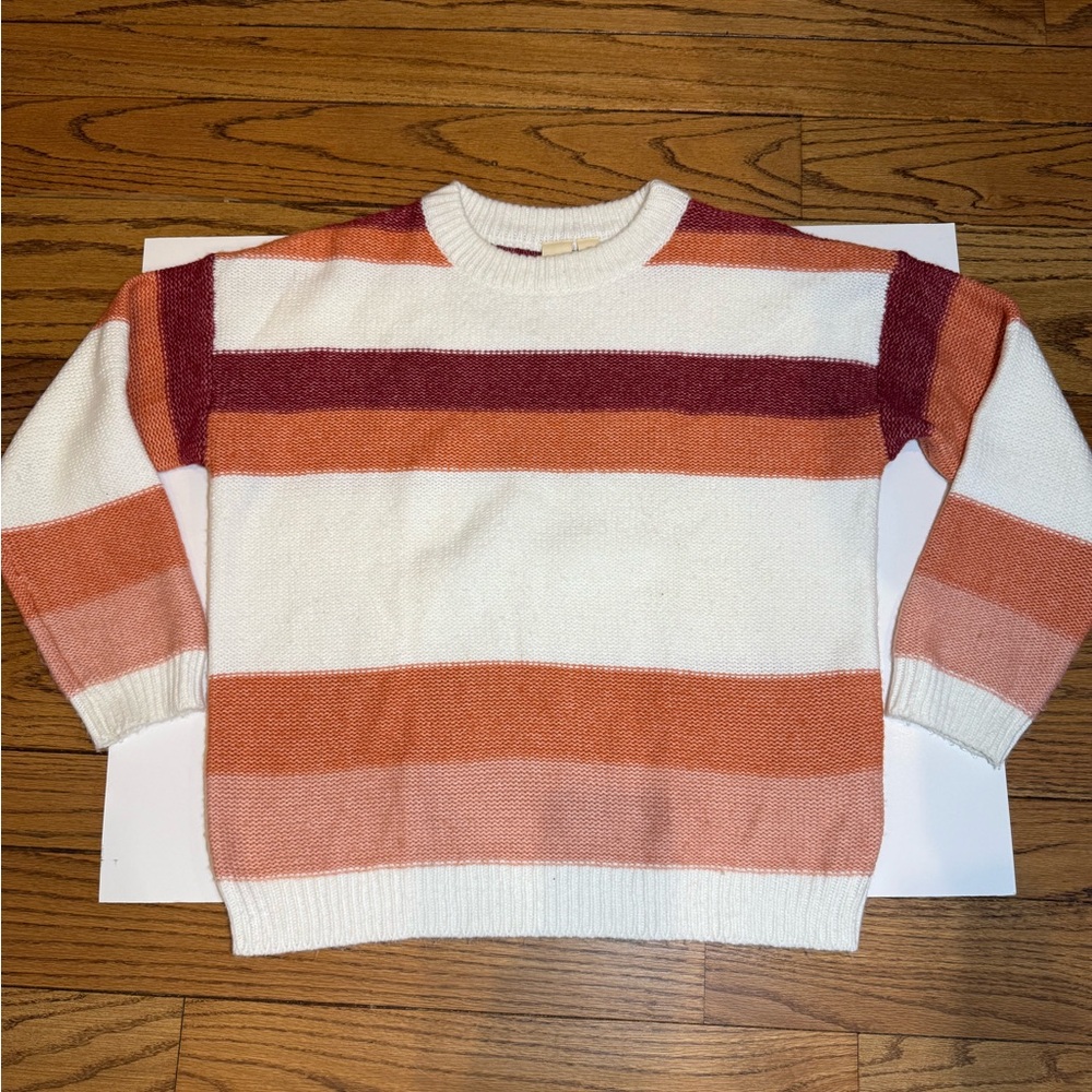 ROXY round neck wool knit orange & white striped pullover sweater Large skater